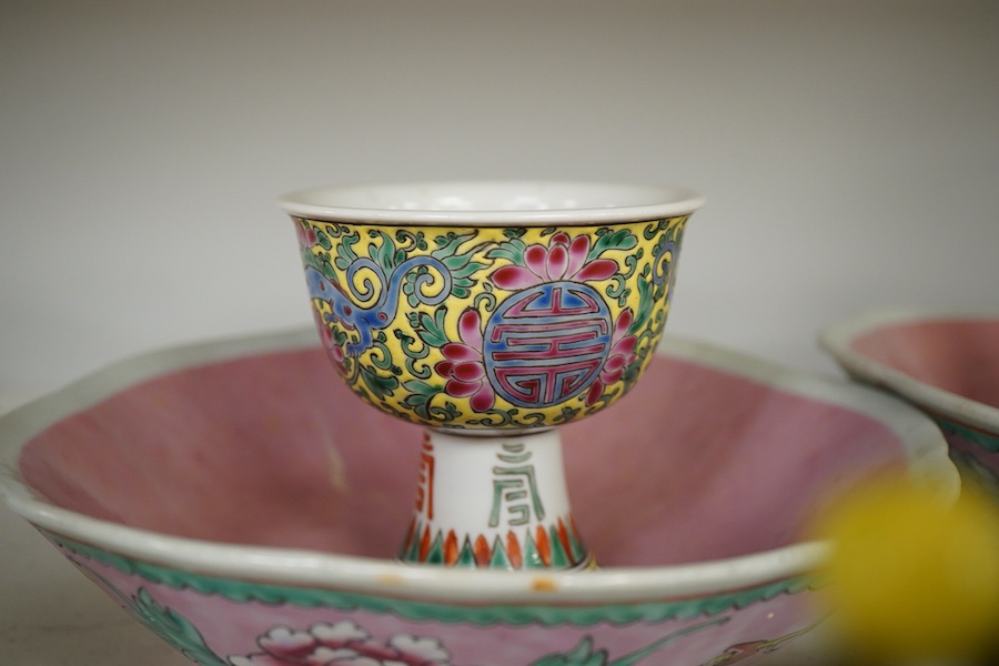 Three Chinese dishes, a famille rose stem cup, two hardstone threes and a soapstone dish